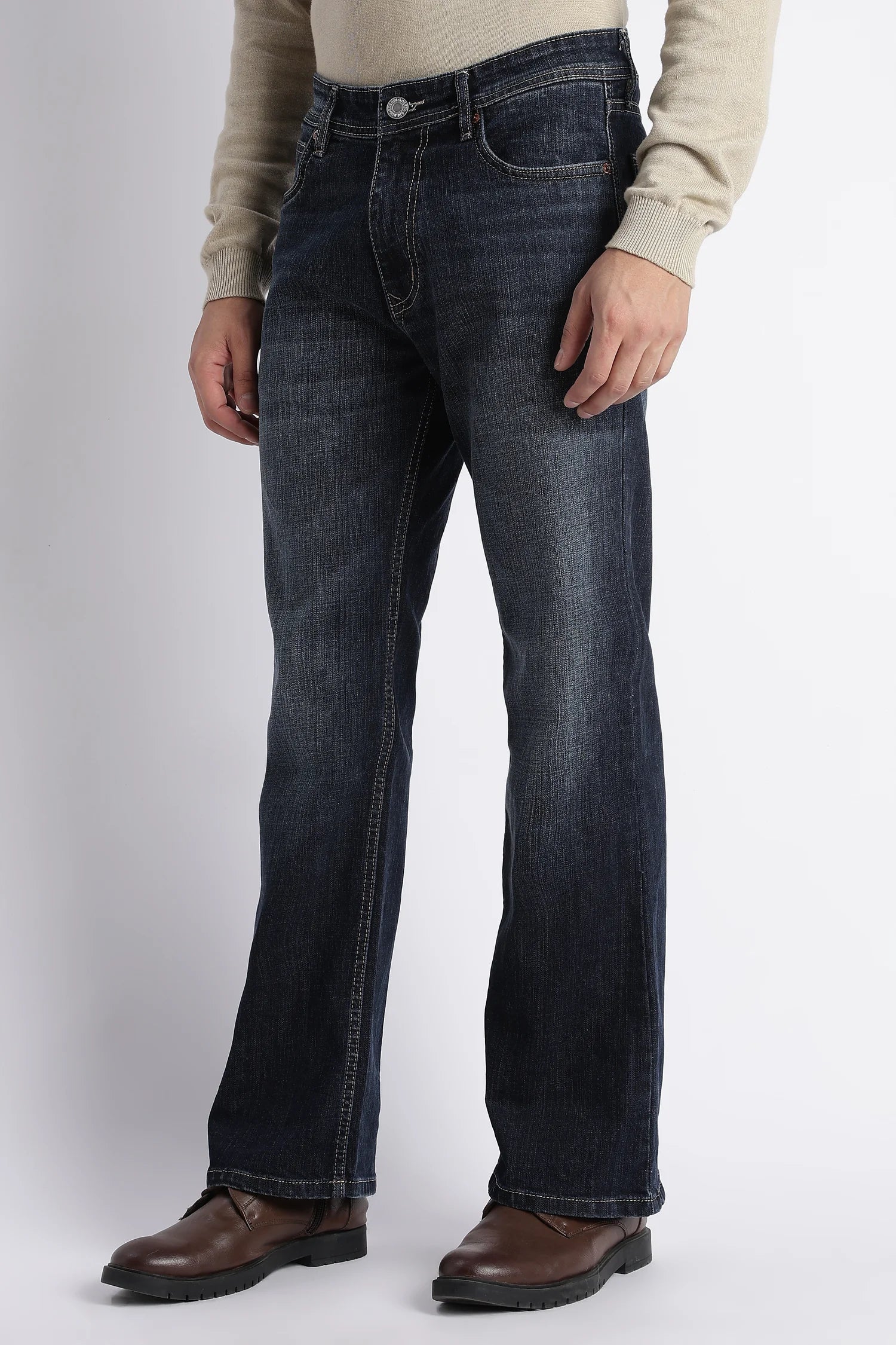 Steel Indigo bootcut jeans for men – flared leg side view
