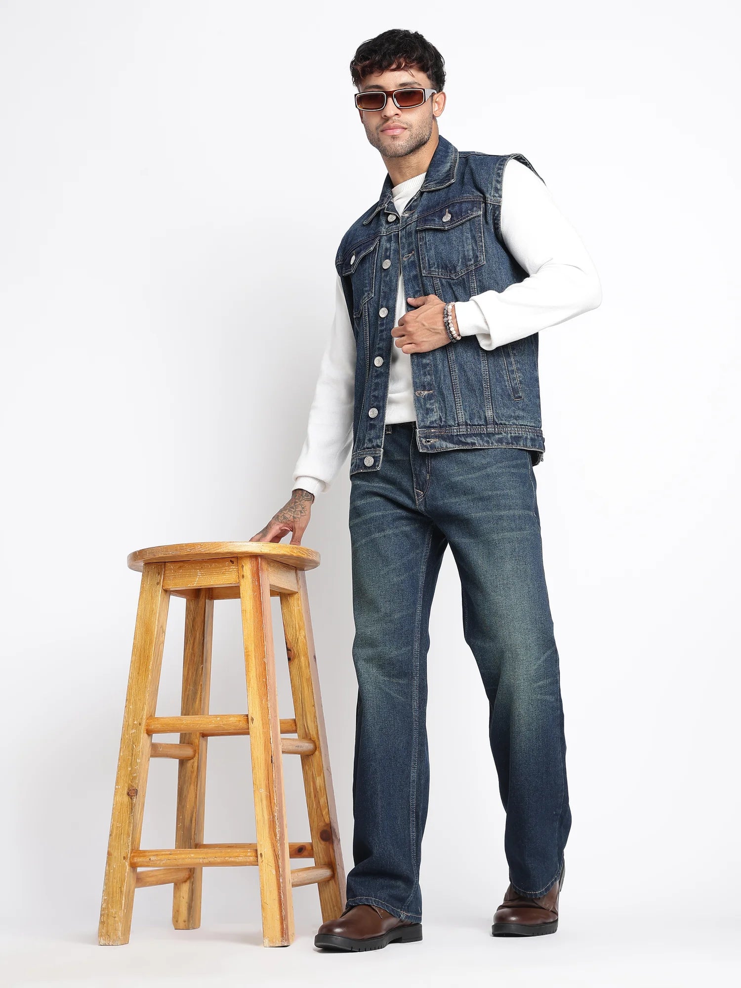 Iron Tide dark indigo sleeveless denim vest for men – front view