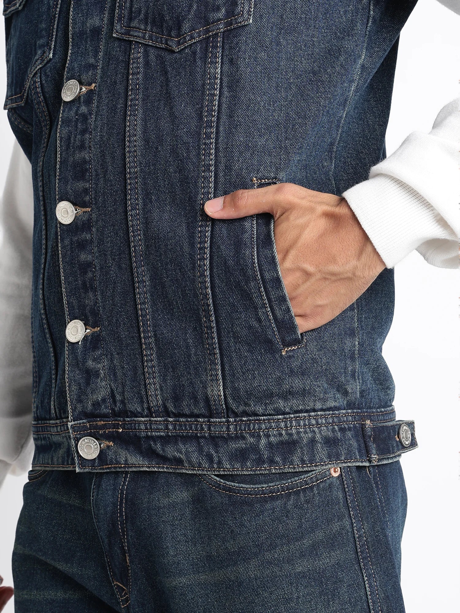 Iron Tide denim vest for men – ONSYLE silver button hardware detail