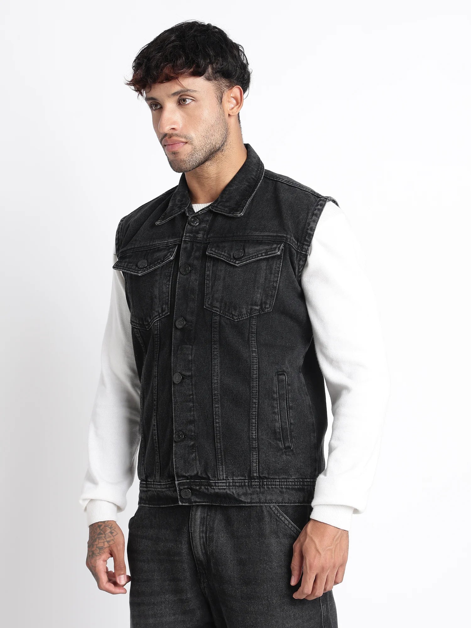 Obsidian Wash sleeveless denim vest for men – back view
