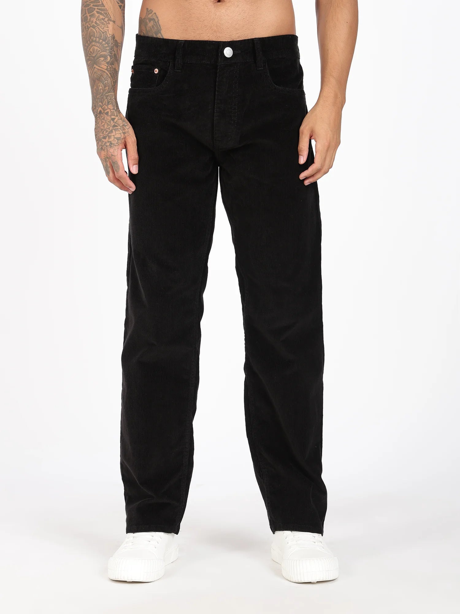 Jet Black wide straight corduroy pants for men – back view