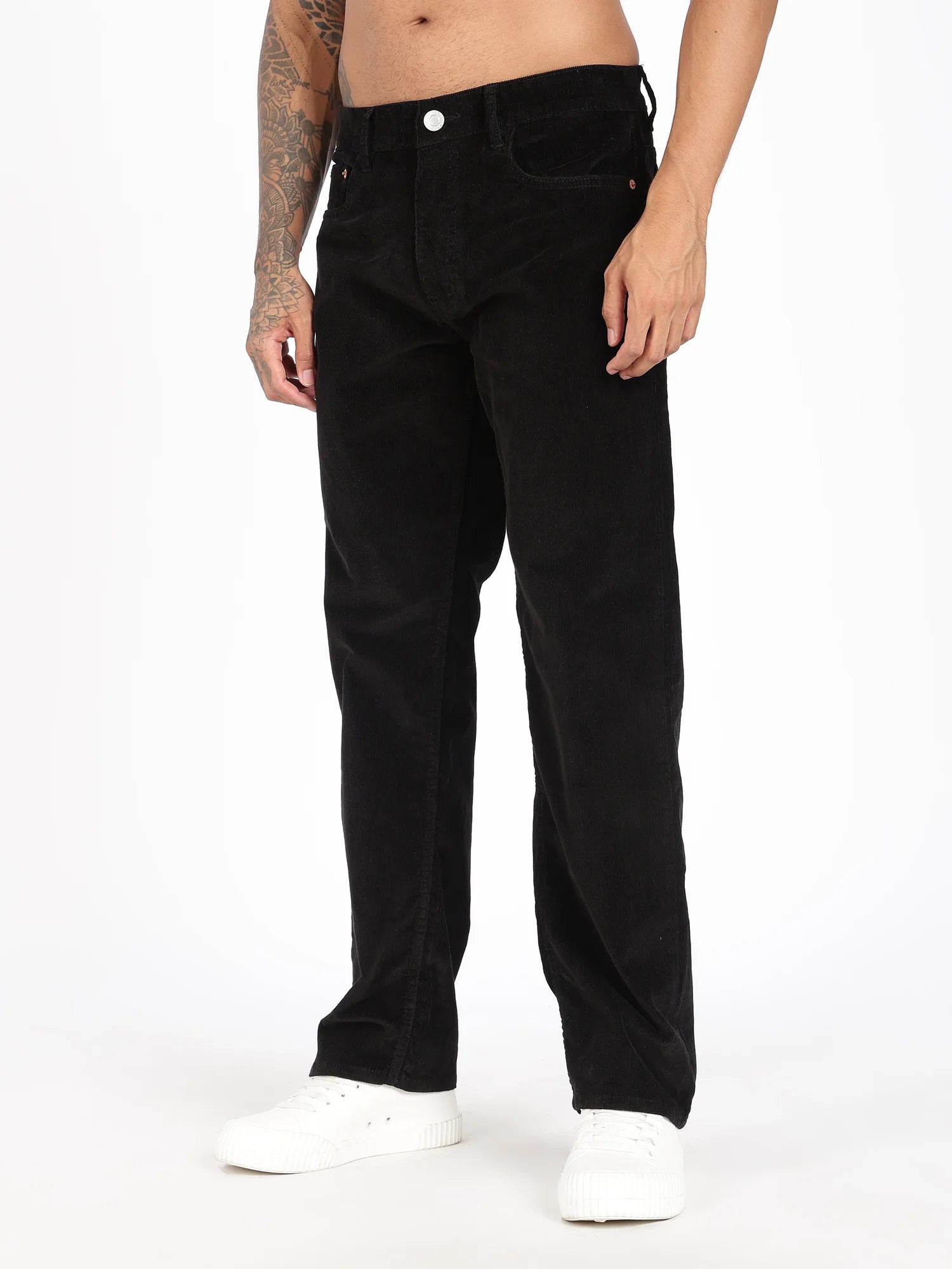 Jet Black corduroy pants for men – medium wale cord texture detail