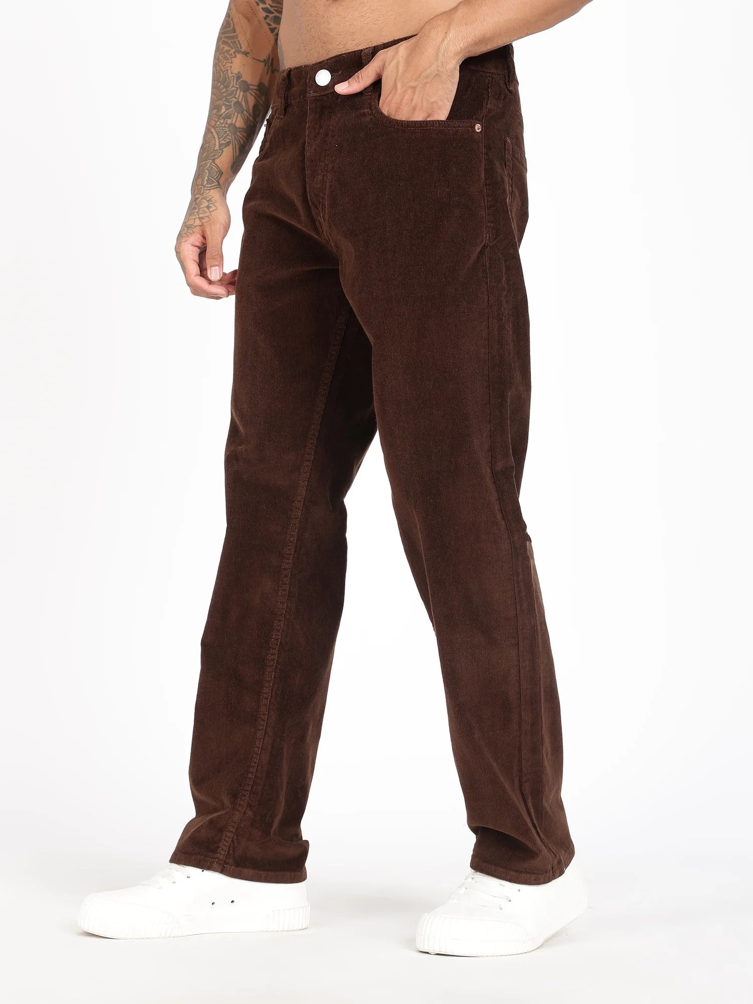 Chestnut wide straight corduroy pants for men – back view