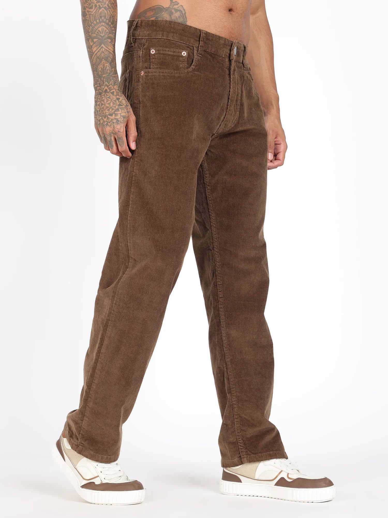 Caramel corduroy pants for men – tan-brown wale cord texture detail