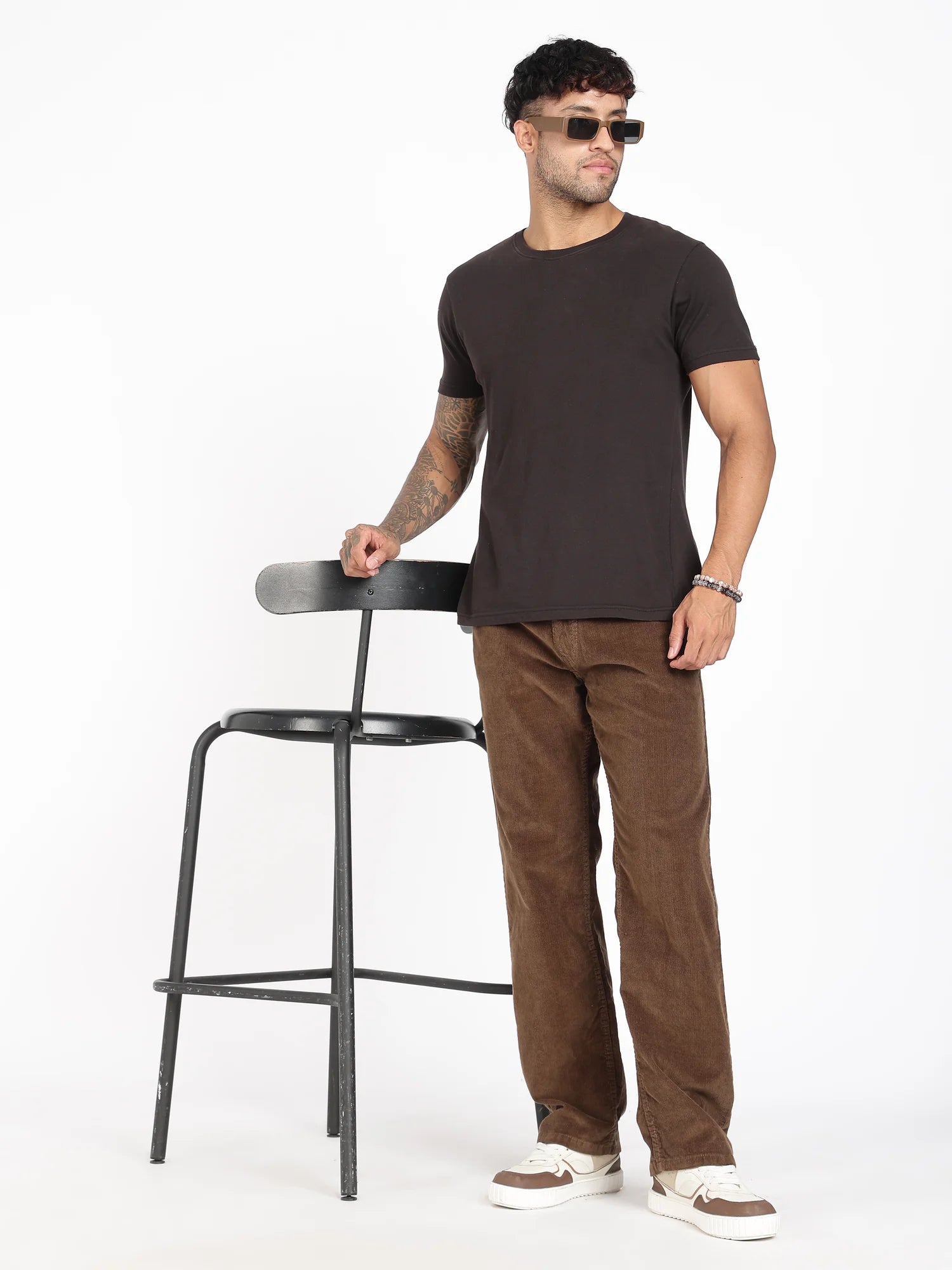 Caramel corduroy pants for men – tan leather patch detail