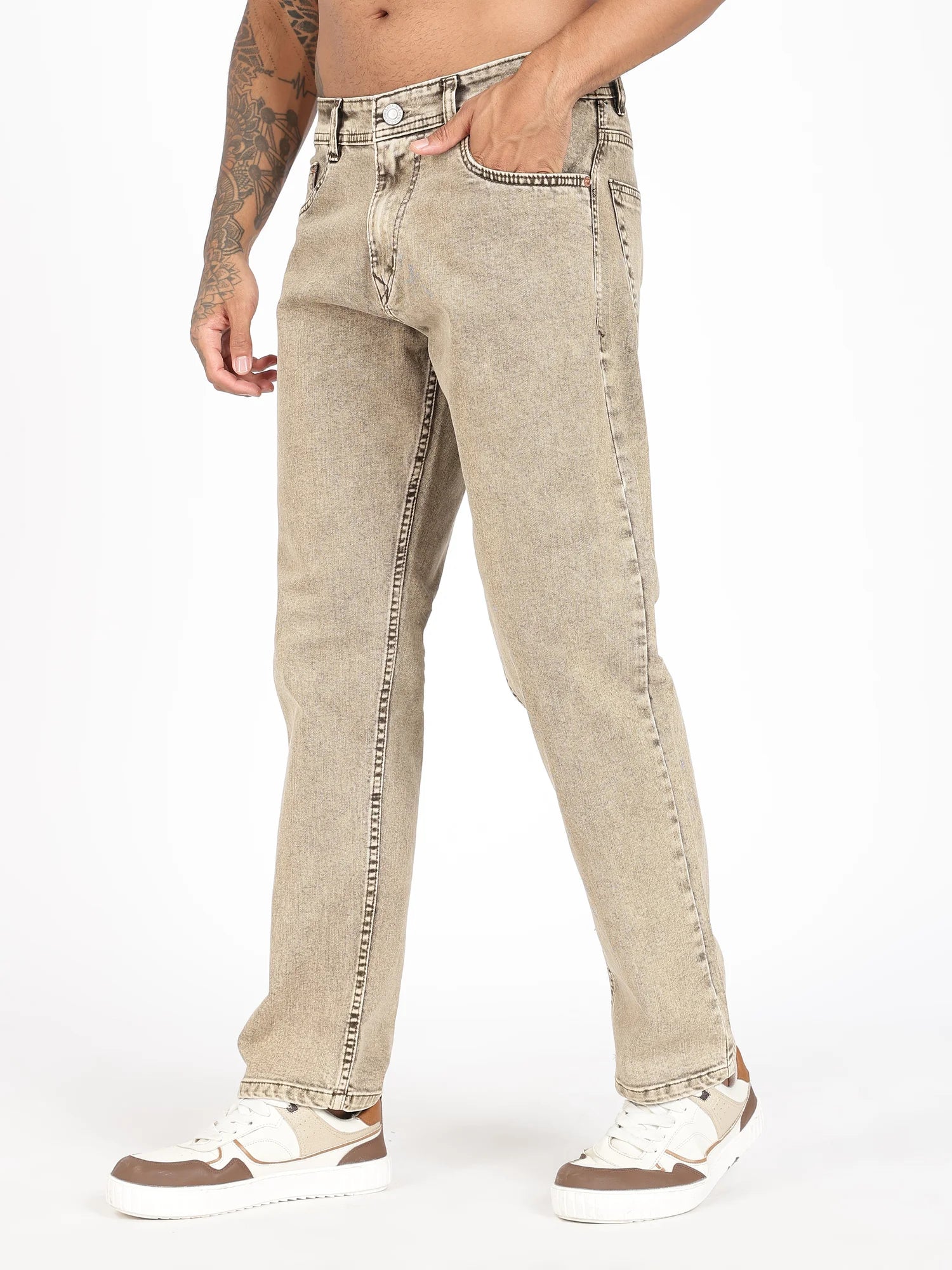 Desert Sand jeans for men – sandy stone wash stretch denim detail