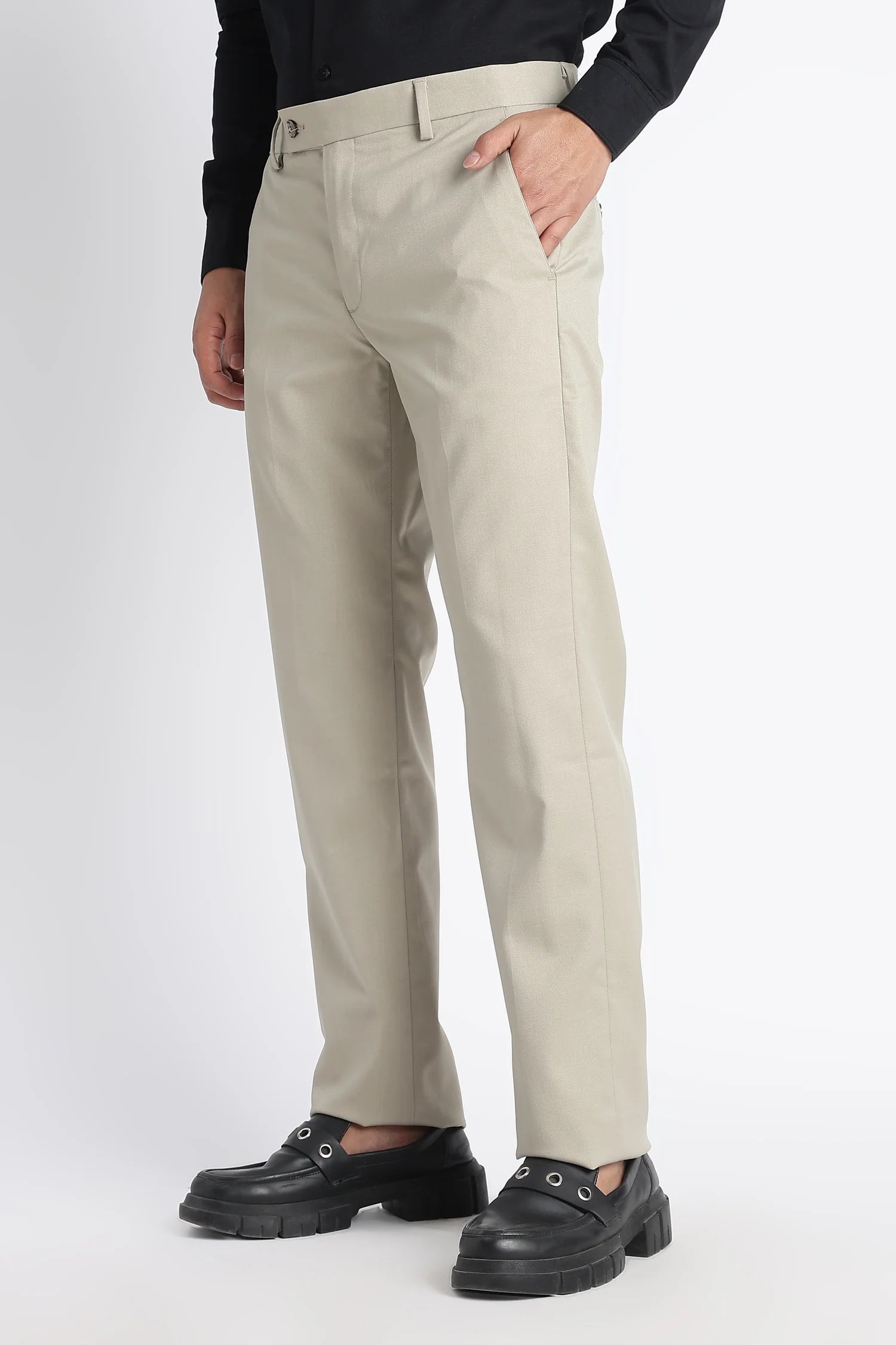 Sandstone slim fit formal trousers for men – back view