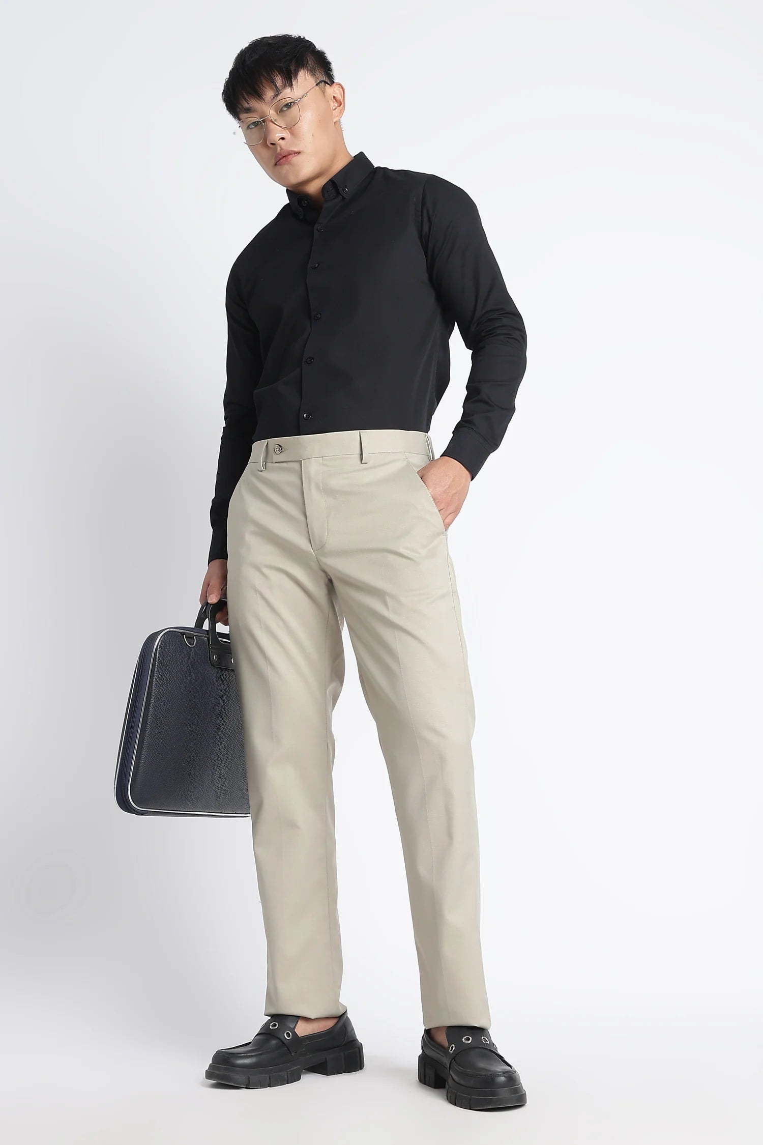 Sandstone slim fit formal trousers for men – front view