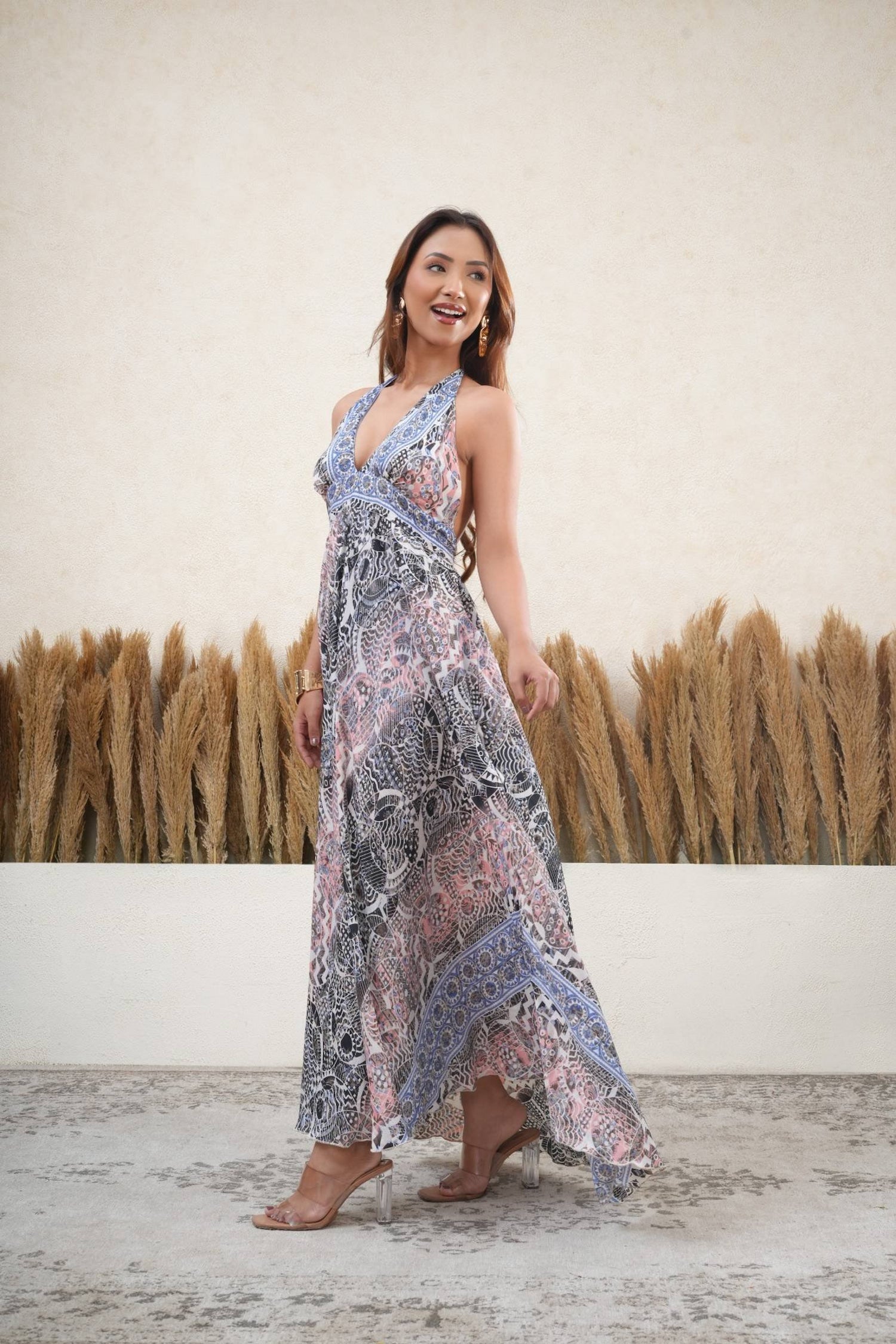 Dusk Bloom Halter Backless Maxi Dress for Women