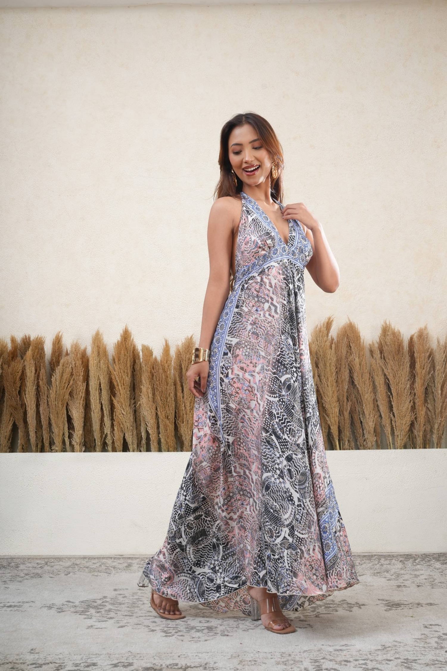 Dusk Bloom Halter Backless Maxi Dress for Women