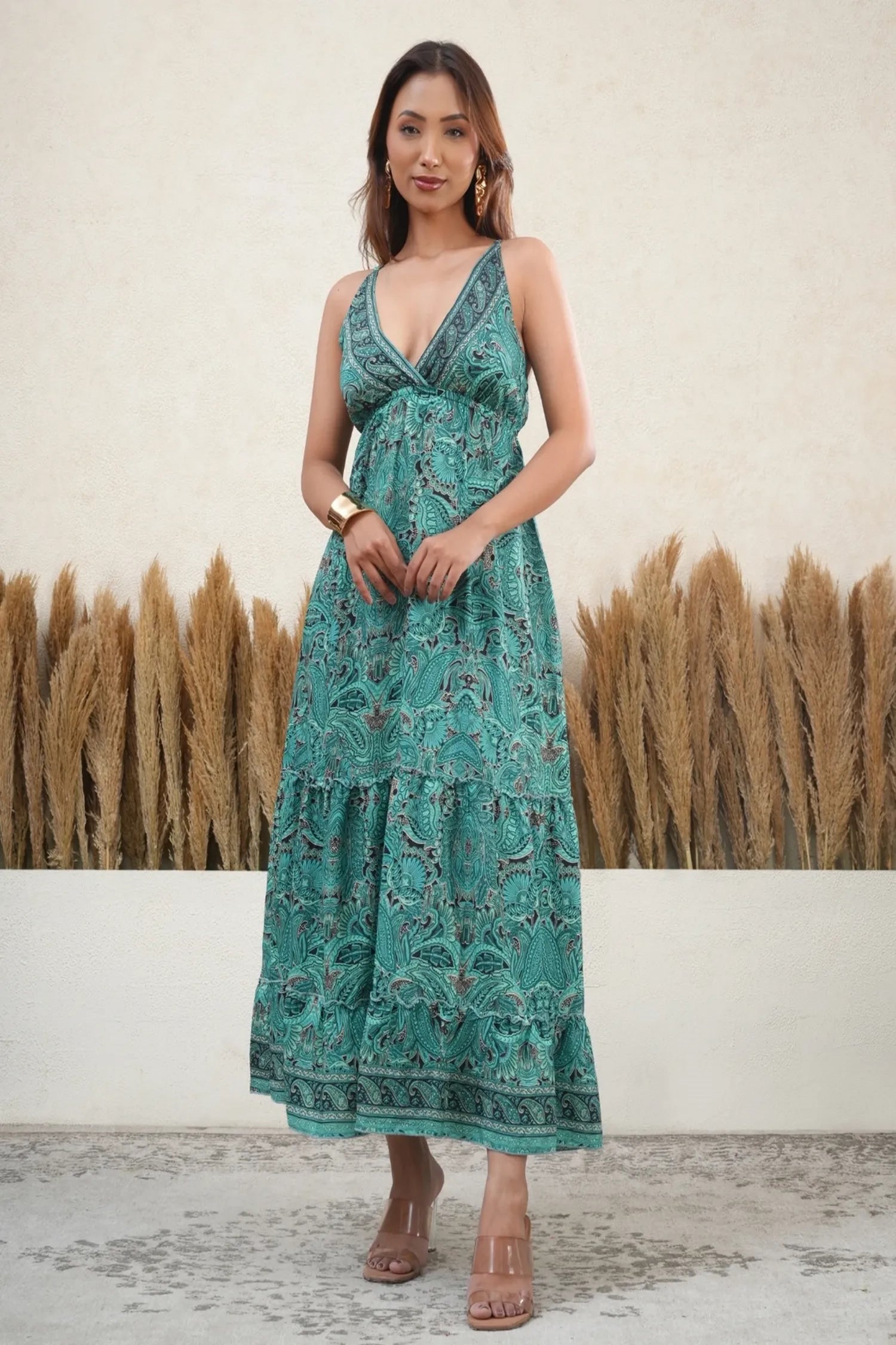 Teal Paisley Spaghetti Strap Maxi Dress Women