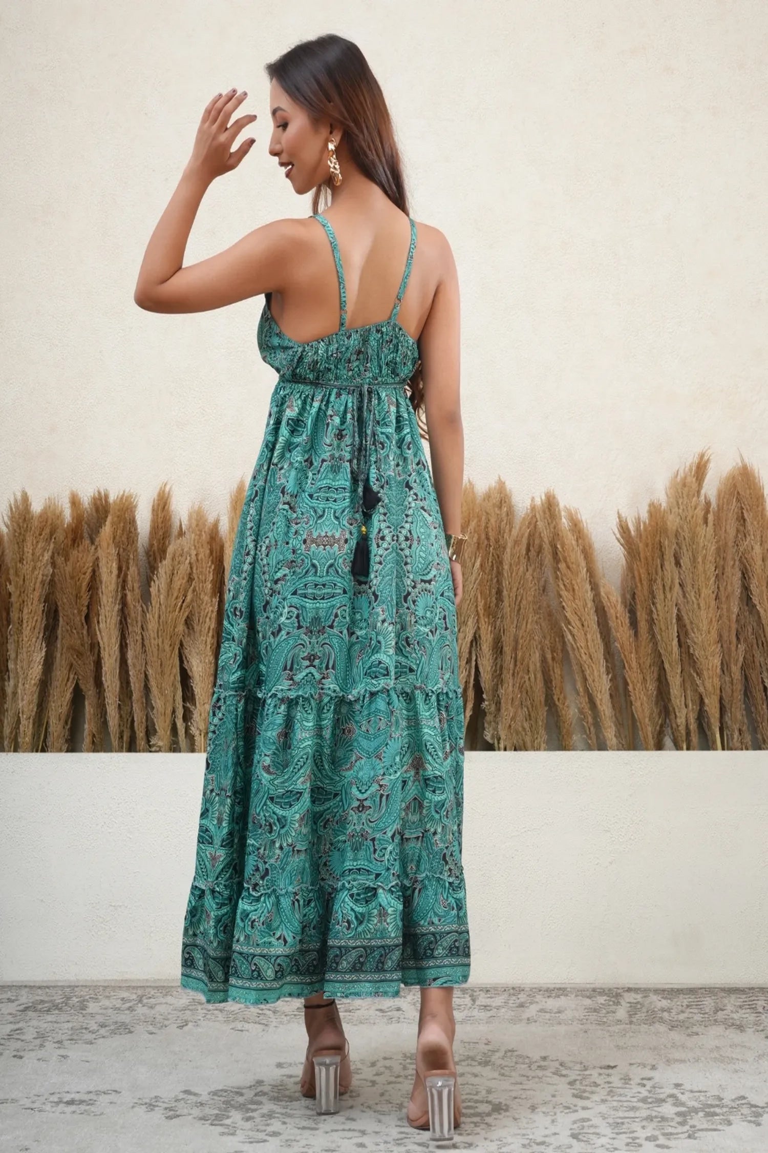 Teal Paisley Spaghetti Strap Maxi Dress Women
