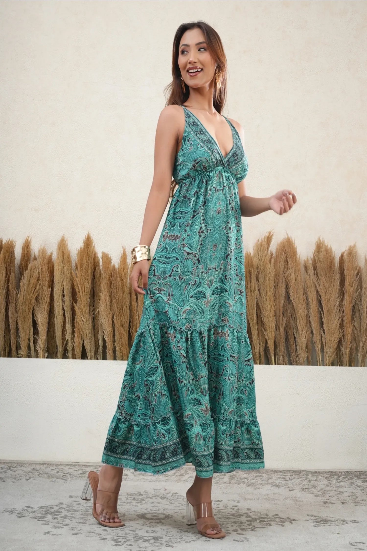 Teal Paisley Spaghetti Strap Maxi Dress Women
